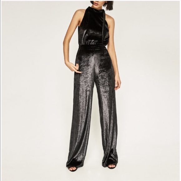 Zara Pants - Zara Black Shiny Velvet Jumpsuit NWT